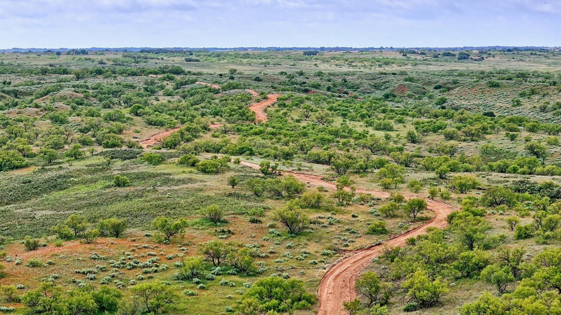 Winding dirt road cuts through rolling ranch, 1,925 acres in Collingsworth County, TX