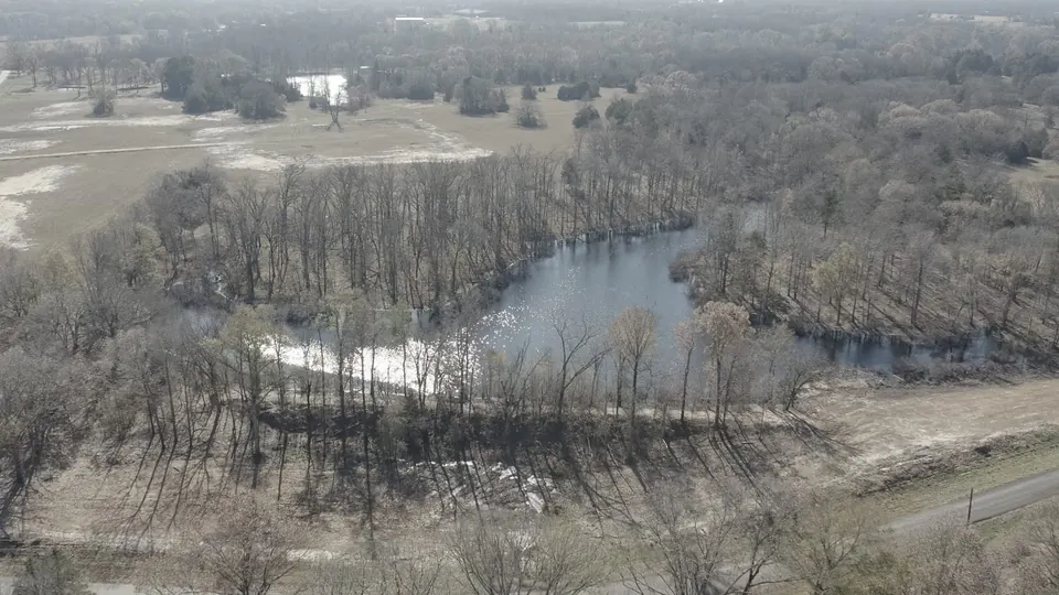 Large pond surrounded by bare trees on a 92-acre Van Zandt, 92 acres in Van Zandt County, 92.00 acres in Van Zandt County, TX