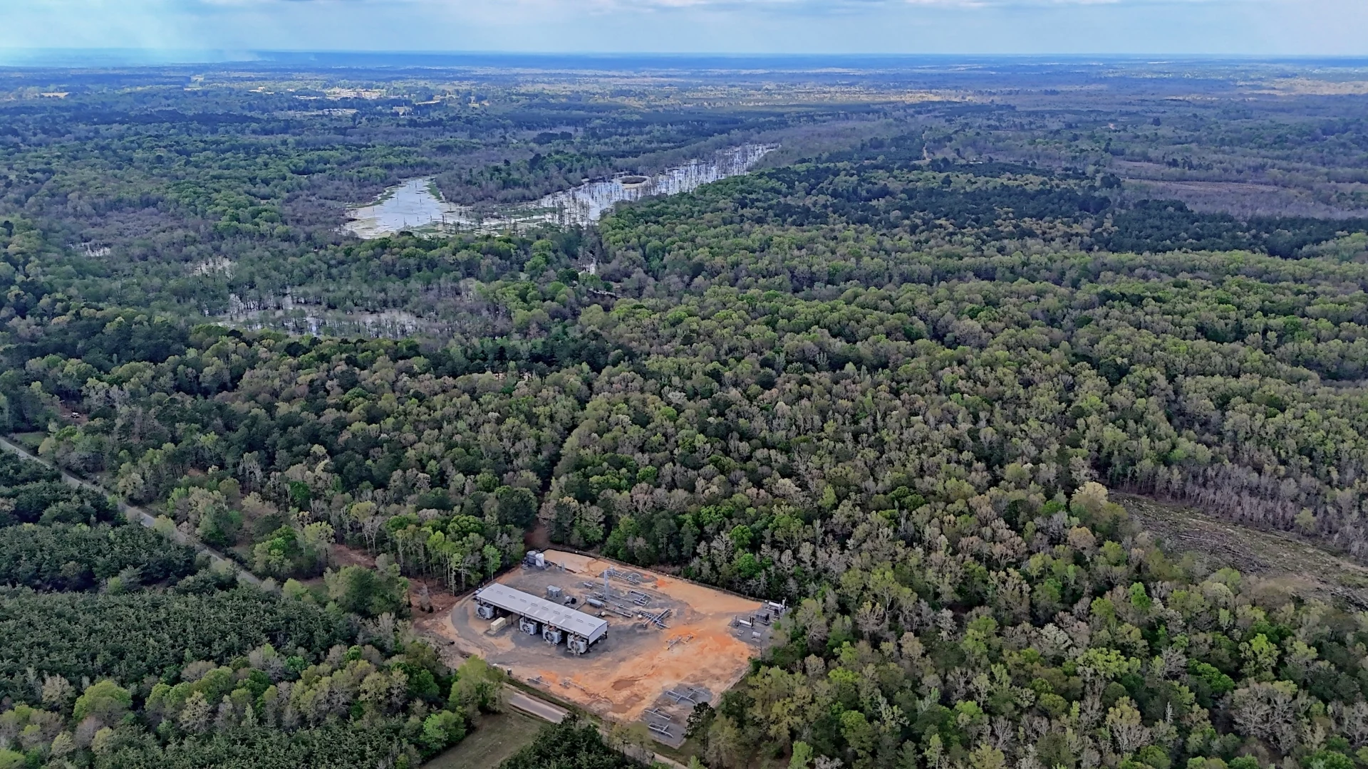 Aerial view of wooded rural land in East Texas